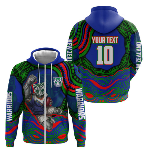 Personalized New Zealand Warriors Zip Hoodie Aboriginal Dot Art - Dreamtime Rugby Mascot