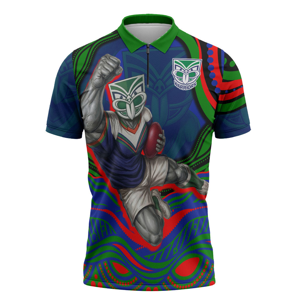 Personalized New Zealand Warriors Zipper Polo Shirt Aboriginal Dot Art - Dreamtime Rugby Mascot