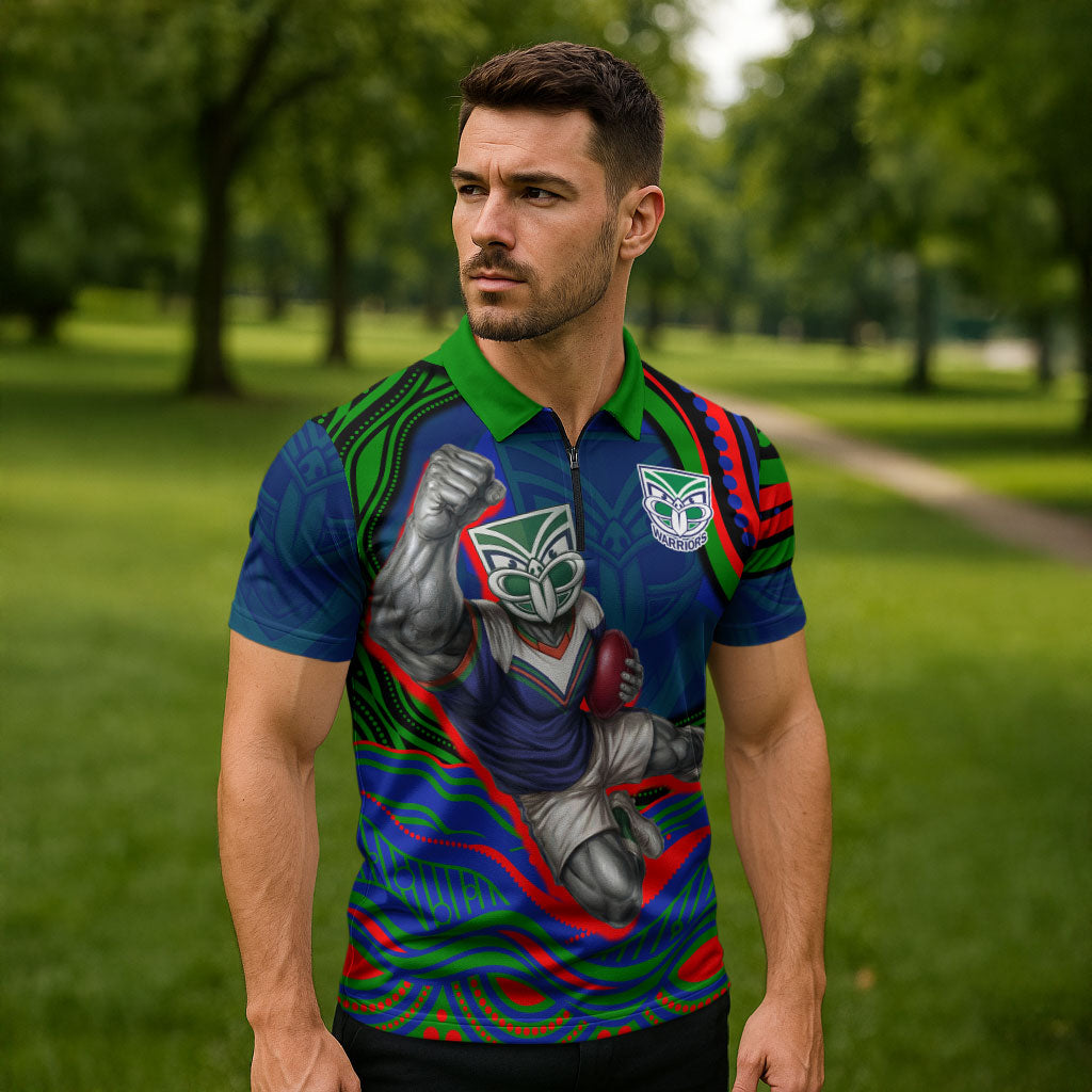 Personalized New Zealand Warriors Zipper Polo Shirt Aboriginal Dot Art - Dreamtime Rugby Mascot