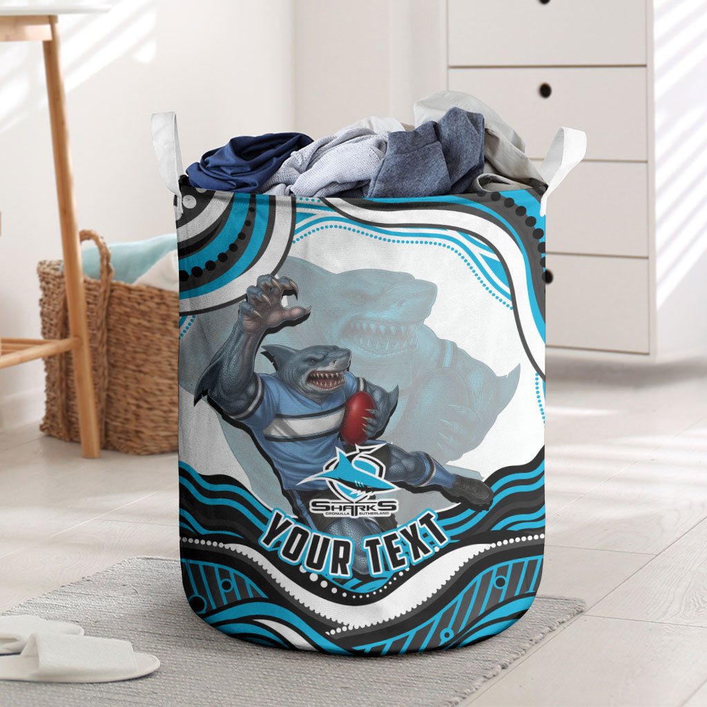 Personalized Cronulla Sutherland Sharks Laundry Basket Aboriginal Dot Art - Dreamtime Rugby Mascot