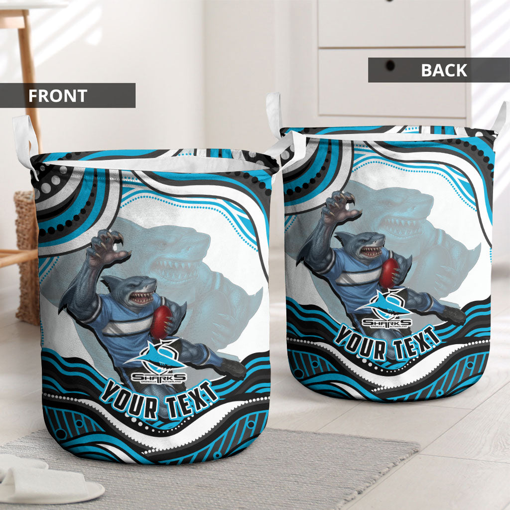 Personalized Cronulla Sutherland Sharks Laundry Basket Aboriginal Dot Art - Dreamtime Rugby Mascot