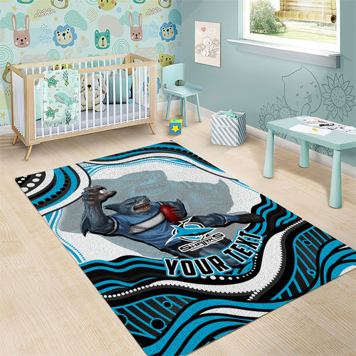 Personalized Cronulla Sutherland Sharks Area Rug Aboriginal Dot Art - Dreamtime Rugby Mascot