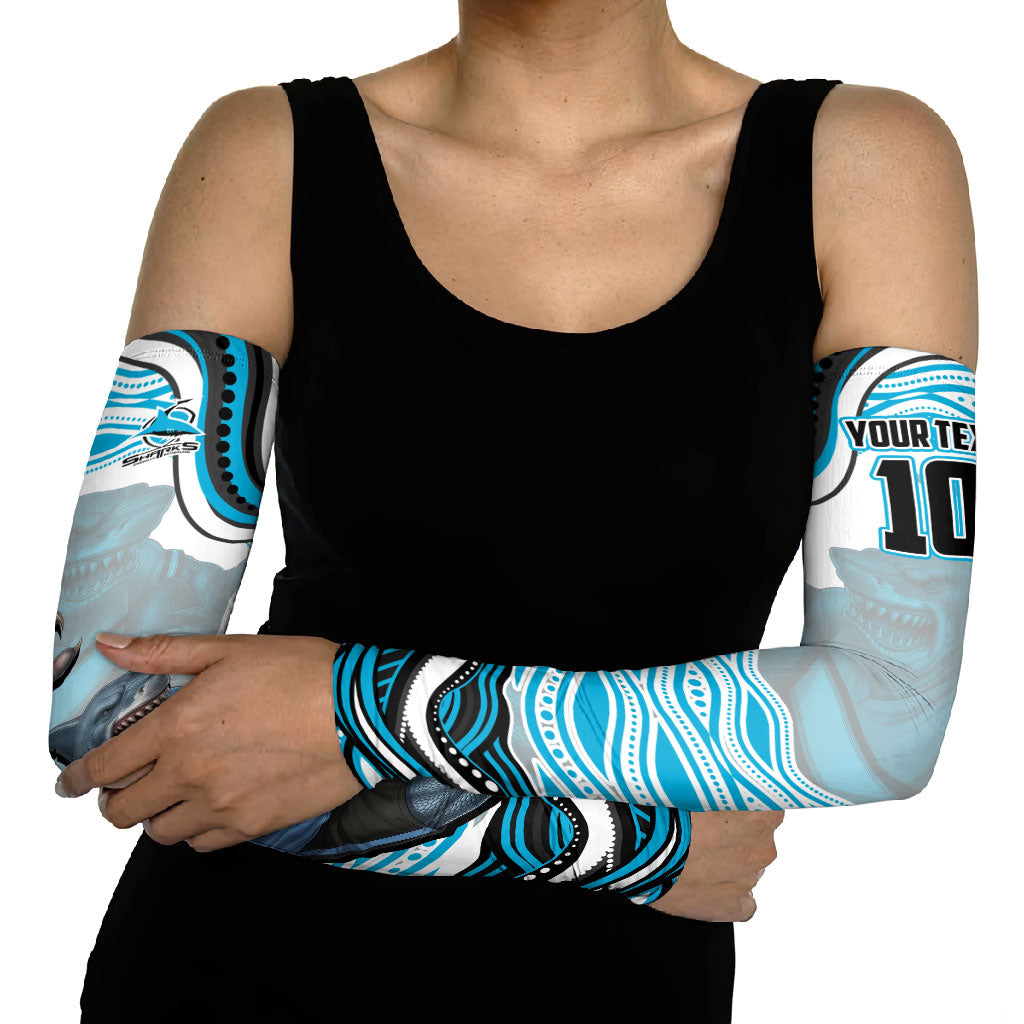 Personalized Cronulla Sutherland Sharks Arm Sleeves Aboriginal Dot Art - Dreamtime Rugby Mascot