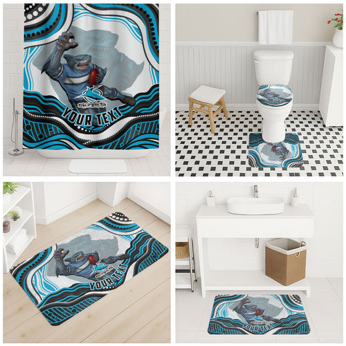 Personalized Cronulla Sutherland Sharks Bathroom Set Aboriginal Dot Art - Dreamtime Rugby Mascot