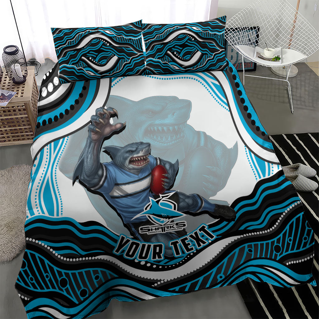 Personalized Cronulla Sutherland Sharks Bedding Set Aboriginal Dot Art - Dreamtime Rugby Mascot