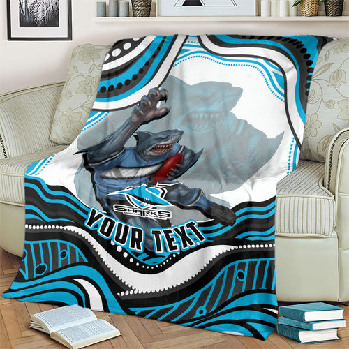 Personalized Cronulla Sutherland Sharks Blanket Aboriginal Dot Art - Dreamtime Rugby Mascot