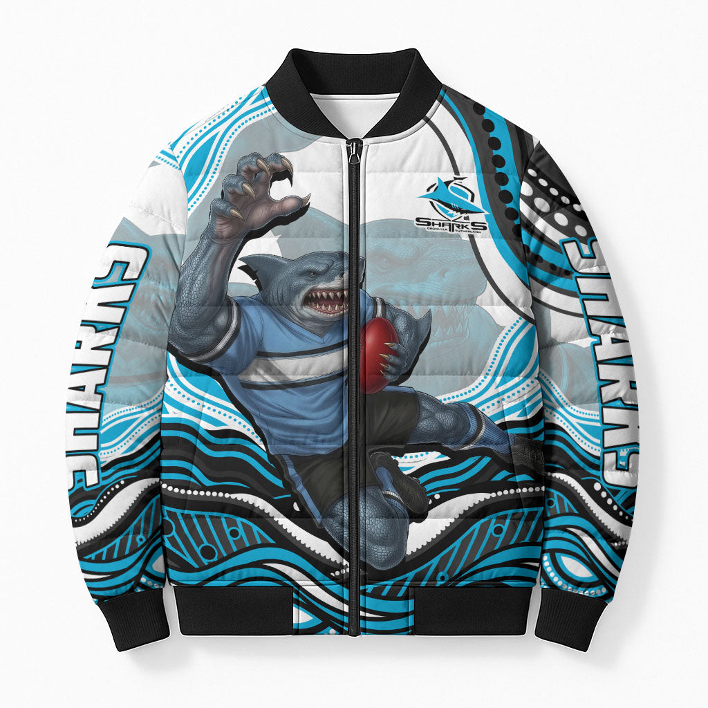 Personalized Cronulla Sutherland Sharks Bomber Puffer Jacket Aboriginal Dot Art - Dreamtime Rugby Mascot
