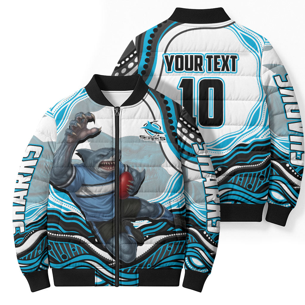 Personalized Cronulla Sutherland Sharks Bomber Puffer Jacket Aboriginal Dot Art - Dreamtime Rugby Mascot