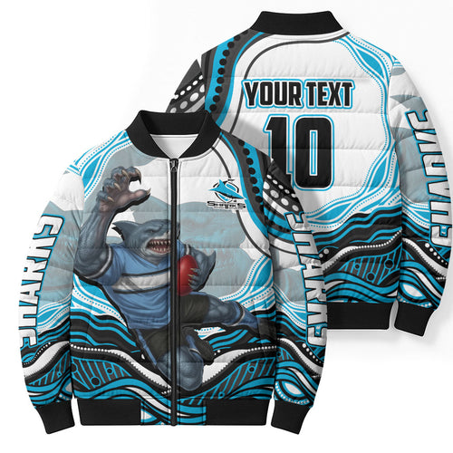 Personalized Cronulla Sutherland Sharks Bomber Puffer Jacket Aboriginal Dot Art - Dreamtime Rugby Mascot