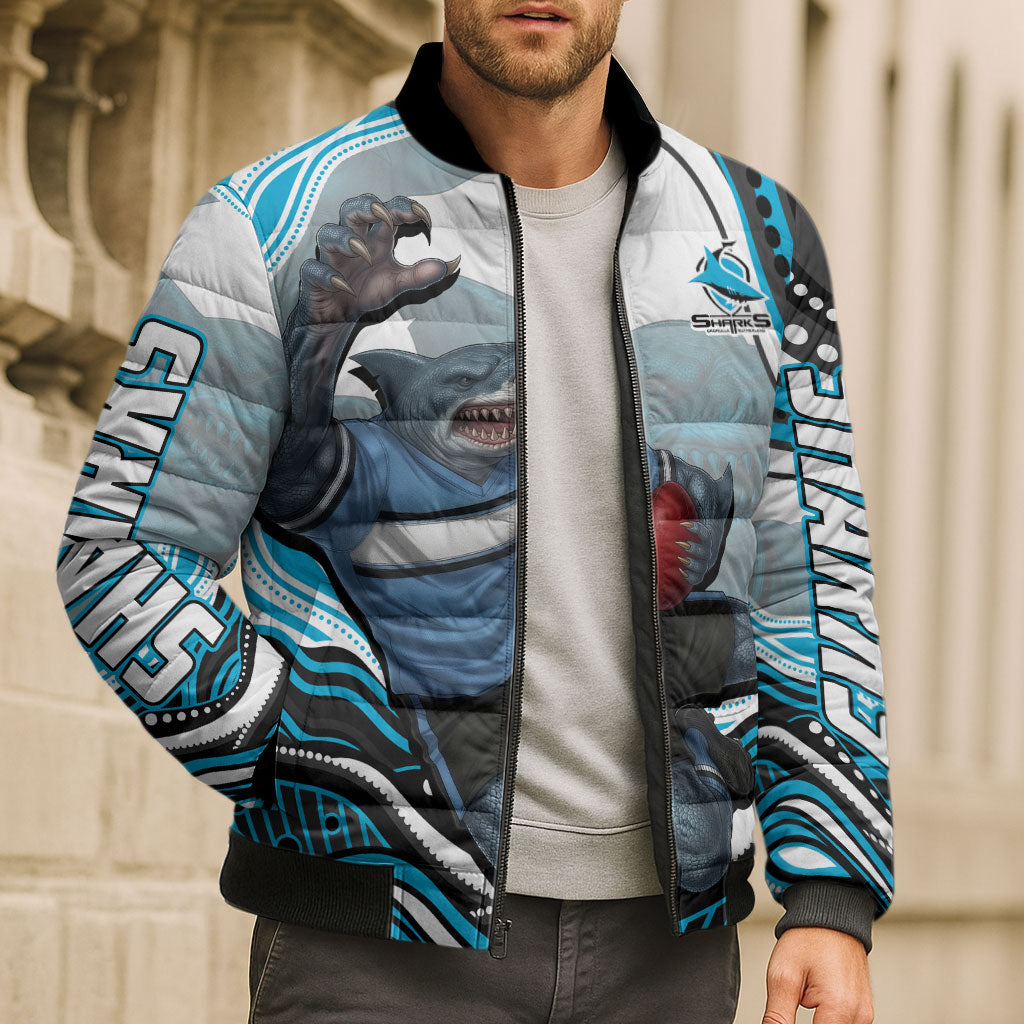 Personalized Cronulla Sutherland Sharks Bomber Puffer Jacket Aboriginal Dot Art - Dreamtime Rugby Mascot