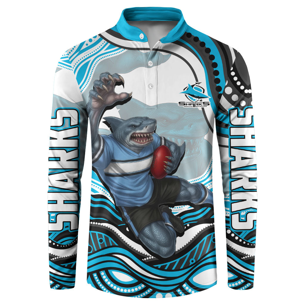 Personalized Cronulla Sutherland Sharks Button Sweatshirt Aboriginal Dot Art - Dreamtime Rugby Mascot