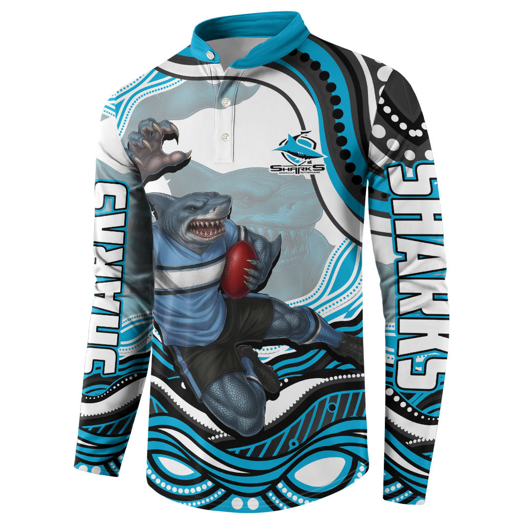 Personalized Cronulla Sutherland Sharks Button Sweatshirt Aboriginal Dot Art - Dreamtime Rugby Mascot