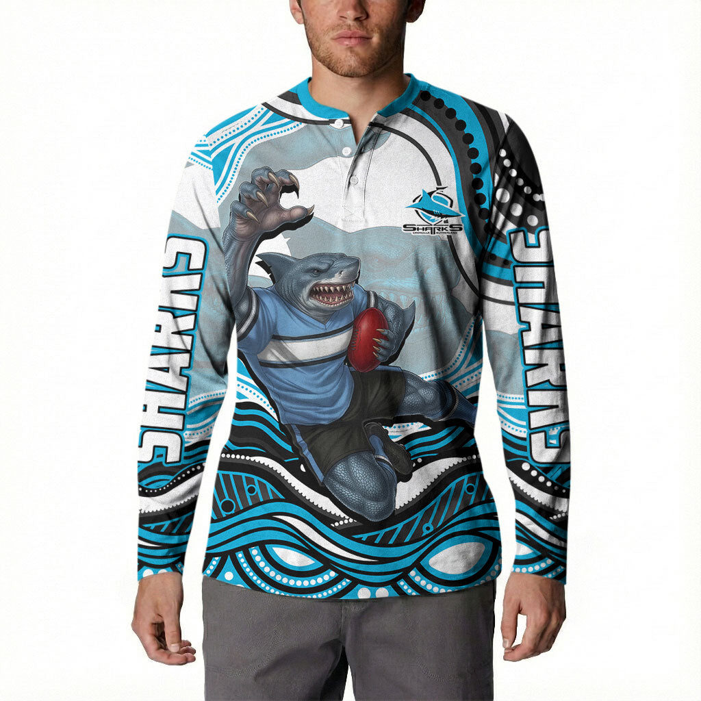 Personalized Cronulla Sutherland Sharks Button Sweatshirt Aboriginal Dot Art - Dreamtime Rugby Mascot