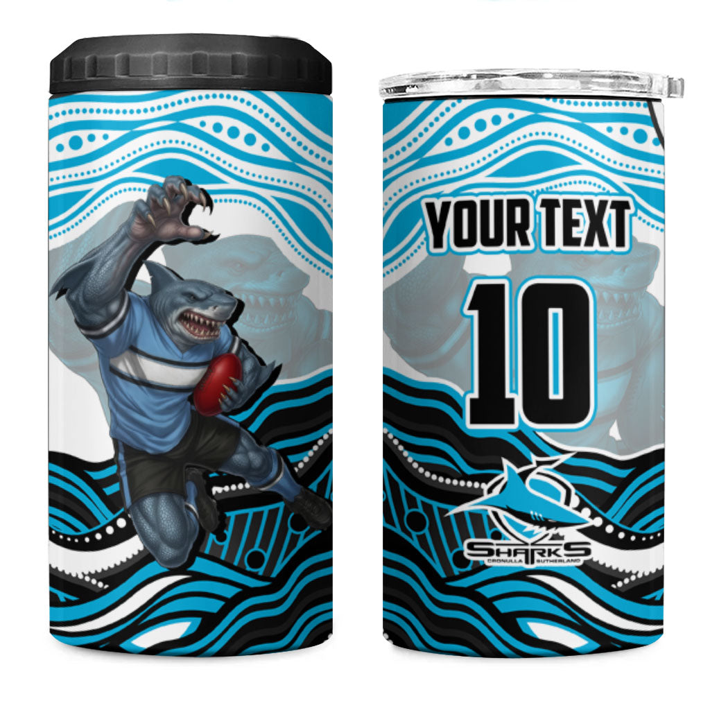 Personalized Cronulla Sutherland Sharks 4 in 1 Can Cooler Tumbler Aboriginal Dot Art - Dreamtime Rugby Mascot