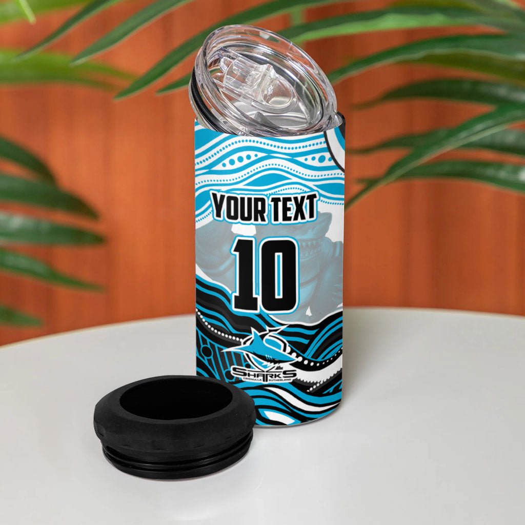 Personalized Cronulla Sutherland Sharks 4 in 1 Can Cooler Tumbler Aboriginal Dot Art - Dreamtime Rugby Mascot