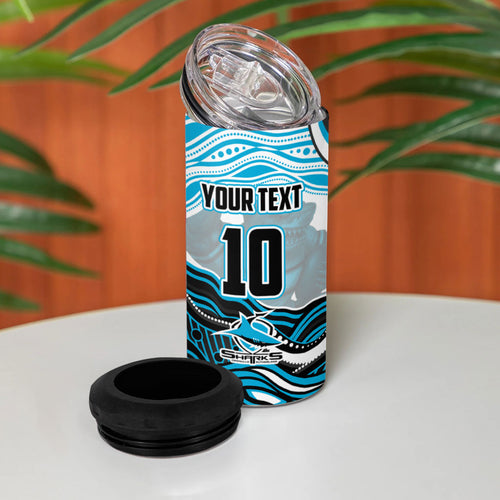 Personalized Cronulla Sutherland Sharks 4 in 1 Can Cooler Tumbler Aboriginal Dot Art - Dreamtime Rugby Mascot
