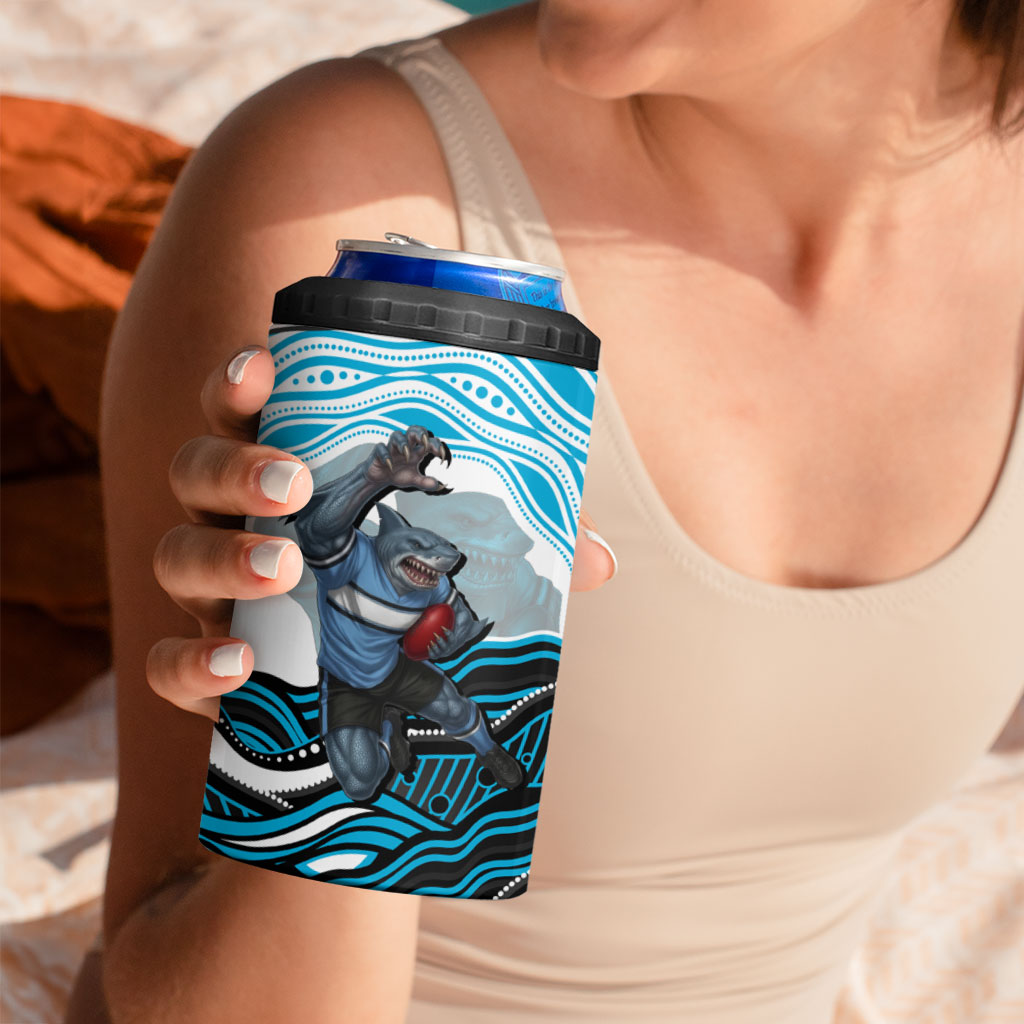 Personalized Cronulla Sutherland Sharks 4 in 1 Can Cooler Tumbler Aboriginal Dot Art - Dreamtime Rugby Mascot