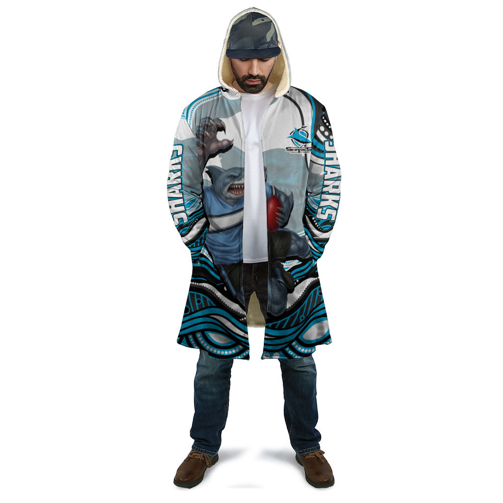Personalized Cronulla Sutherland Sharks Cloak Aboriginal Dot Art - Dreamtime Rugby Mascot
