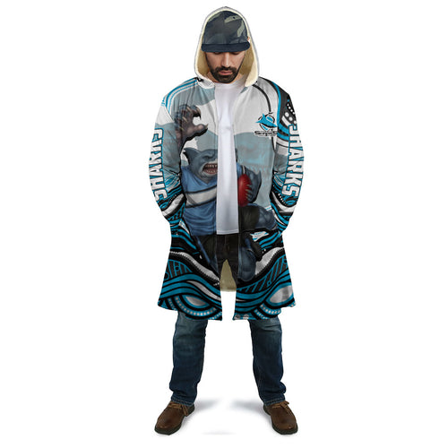Personalized Cronulla Sutherland Sharks Cloak Aboriginal Dot Art - Dreamtime Rugby Mascot