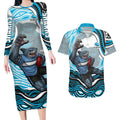 Personalized Cronulla Sutherland Sharks Couples Matching Long Sleeve Bodycon Dress and Hawaiian Shirt Aboriginal Dot Art - Dreamtime Rugby Mascot