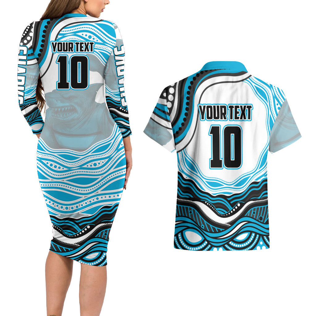 Personalized Cronulla Sutherland Sharks Couples Matching Long Sleeve Bodycon Dress and Hawaiian Shirt Aboriginal Dot Art - Dreamtime Rugby Mascot
