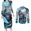 Personalized Cronulla Sutherland Sharks Couples Matching Long Sleeve Bodycon Dress and Long Sleeve Button Shirt Aboriginal Dot Art - Dreamtime Rugby Mascot