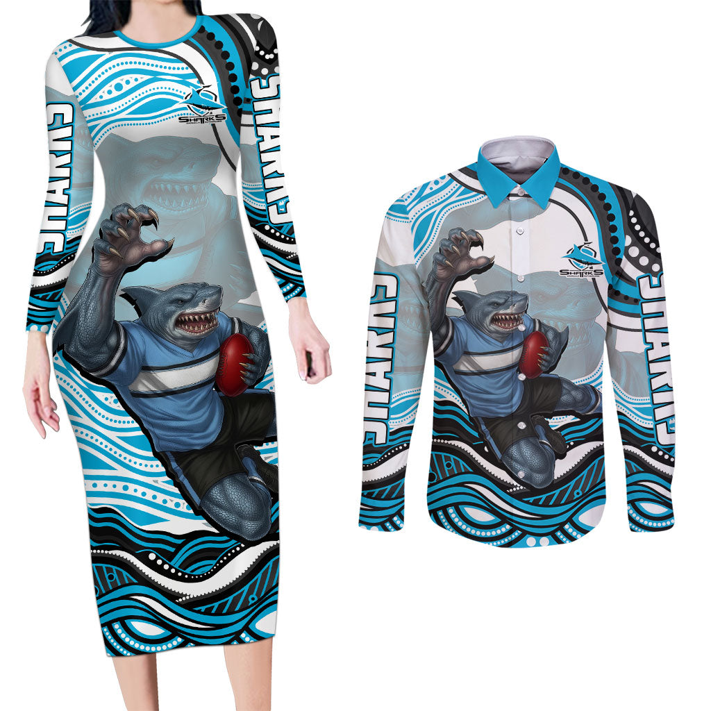 Personalized Cronulla Sutherland Sharks Couples Matching Long Sleeve Bodycon Dress and Long Sleeve Button Shirt Aboriginal Dot Art - Dreamtime Rugby Mascot