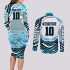 Personalized Cronulla Sutherland Sharks Couples Matching Long Sleeve Bodycon Dress and Long Sleeve Button Shirt Aboriginal Dot Art - Dreamtime Rugby Mascot