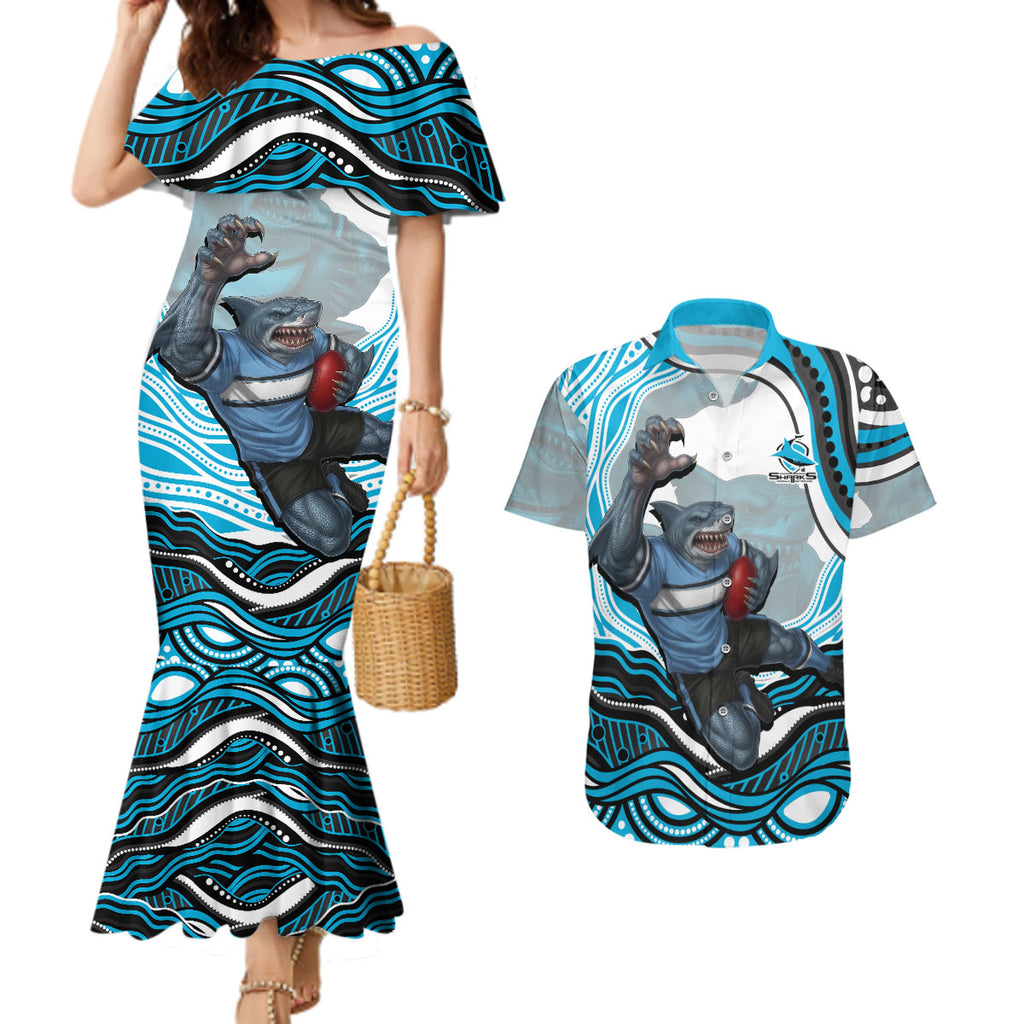 Personalized Cronulla Sutherland Sharks Couples Matching Mermaid Dress and Hawaiian Shirt Aboriginal Dot Art - Dreamtime Rugby Mascot