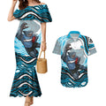Personalized Cronulla Sutherland Sharks Couples Matching Mermaid Dress and Hawaiian Shirt Aboriginal Dot Art - Dreamtime Rugby Mascot
