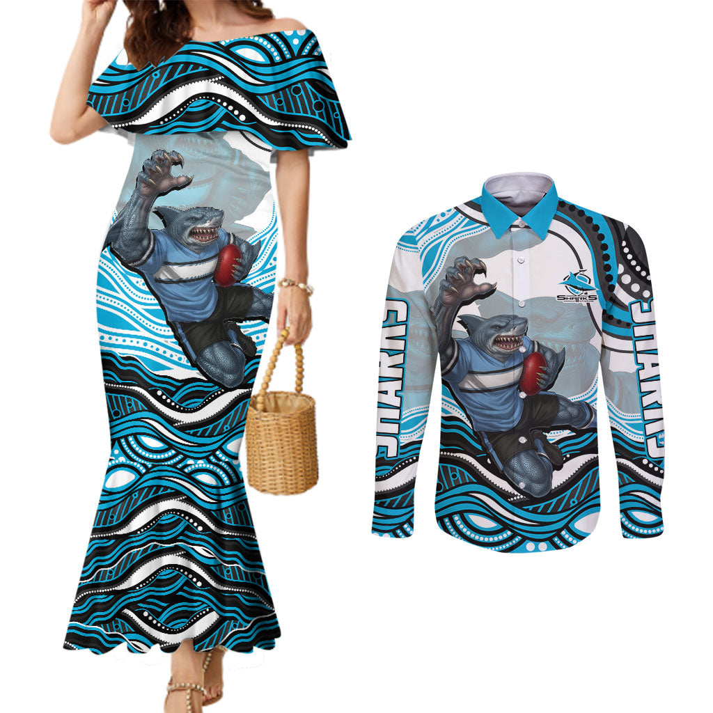 Personalized Cronulla Sutherland Sharks Couples Matching Mermaid Dress and Long Sleeve Button Shirt Aboriginal Dot Art - Dreamtime Rugby Mascot