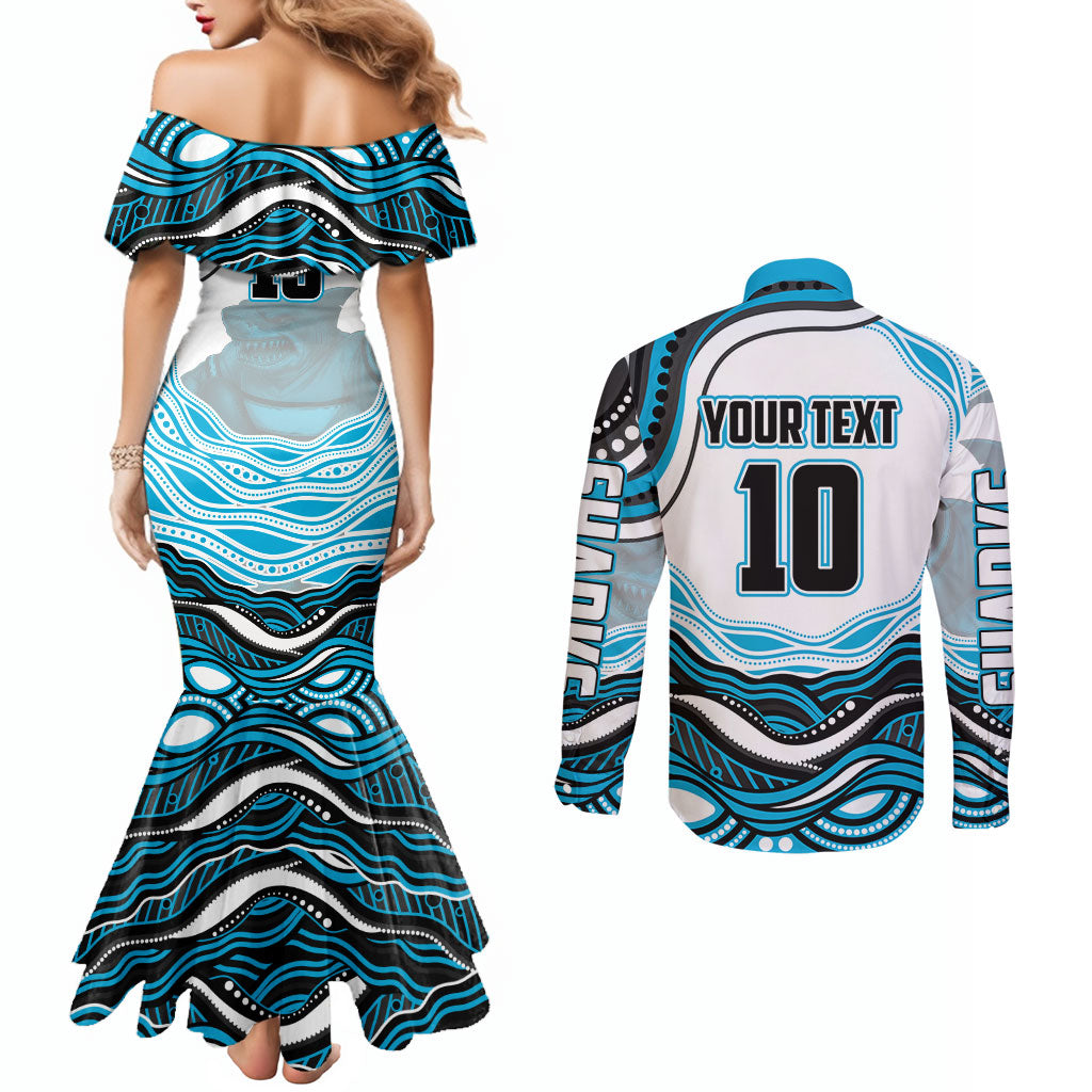 Personalized Cronulla Sutherland Sharks Couples Matching Mermaid Dress and Long Sleeve Button Shirt Aboriginal Dot Art - Dreamtime Rugby Mascot