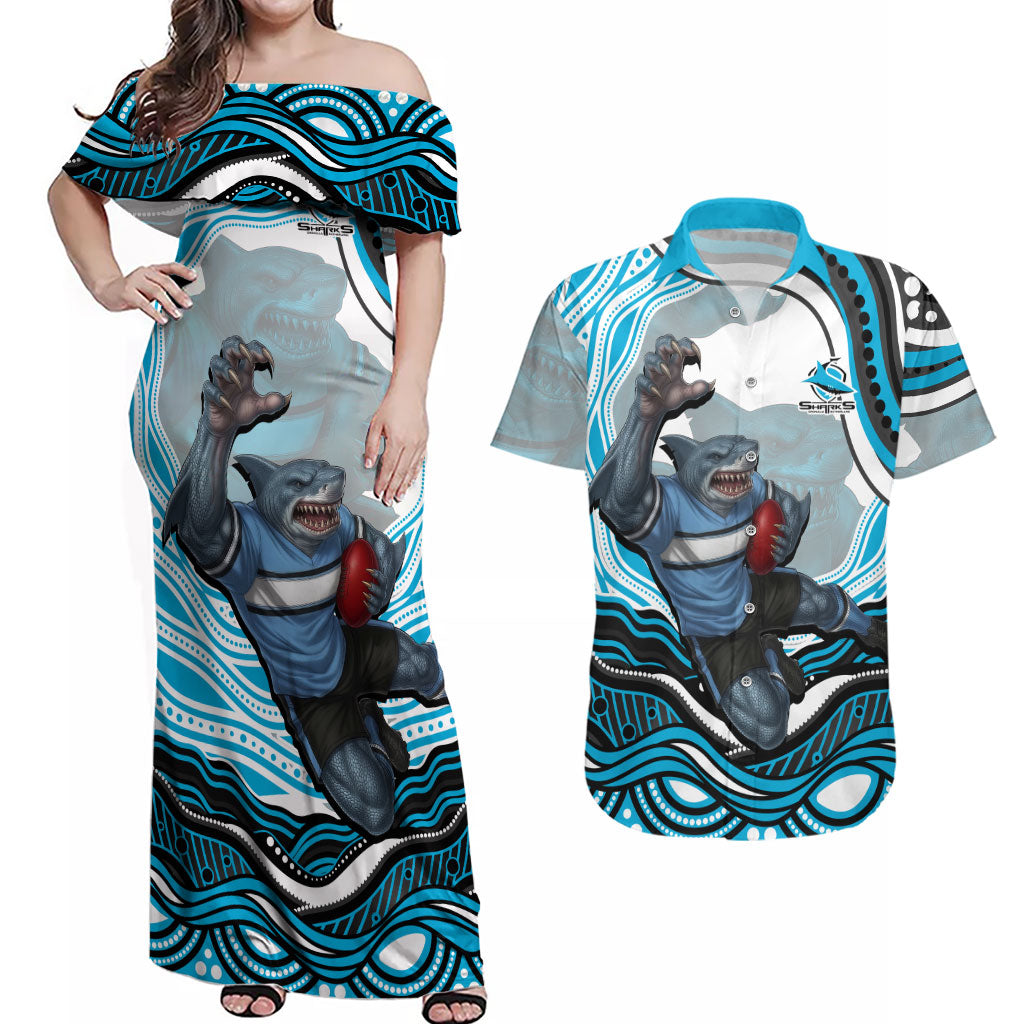 Personalized Cronulla Sutherland Sharks Couples Matching Off Shoulder Maxi Dress and Hawaiian Shirt Aboriginal Dot Art - Dreamtime Rugby Mascot