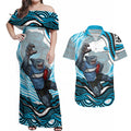 Personalized Cronulla Sutherland Sharks Couples Matching Off Shoulder Maxi Dress and Hawaiian Shirt Aboriginal Dot Art - Dreamtime Rugby Mascot
