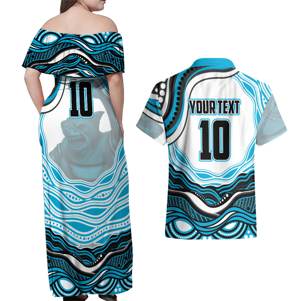 Personalized Cronulla Sutherland Sharks Couples Matching Off Shoulder Maxi Dress and Hawaiian Shirt Aboriginal Dot Art - Dreamtime Rugby Mascot