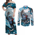 Personalized Cronulla Sutherland Sharks Couples Matching Off Shoulder Maxi Dress and Long Sleeve Button Shirt Aboriginal Dot Art - Dreamtime Rugby Mascot