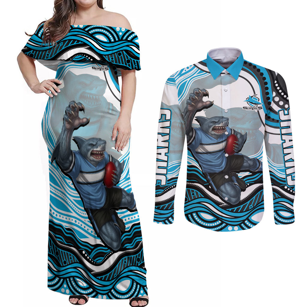 Personalized Cronulla Sutherland Sharks Couples Matching Off Shoulder Maxi Dress and Long Sleeve Button Shirt Aboriginal Dot Art - Dreamtime Rugby Mascot