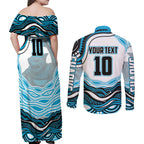 Personalized Cronulla Sutherland Sharks Couples Matching Off Shoulder Maxi Dress and Long Sleeve Button Shirt Aboriginal Dot Art - Dreamtime Rugby Mascot