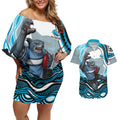 Personalized Cronulla Sutherland Sharks Couples Matching Off Shoulder Short Dress and Hawaiian Shirt Aboriginal Dot Art - Dreamtime Rugby Mascot
