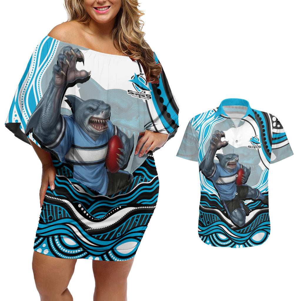 Personalized Cronulla Sutherland Sharks Couples Matching Off Shoulder Short Dress and Hawaiian Shirt Aboriginal Dot Art - Dreamtime Rugby Mascot