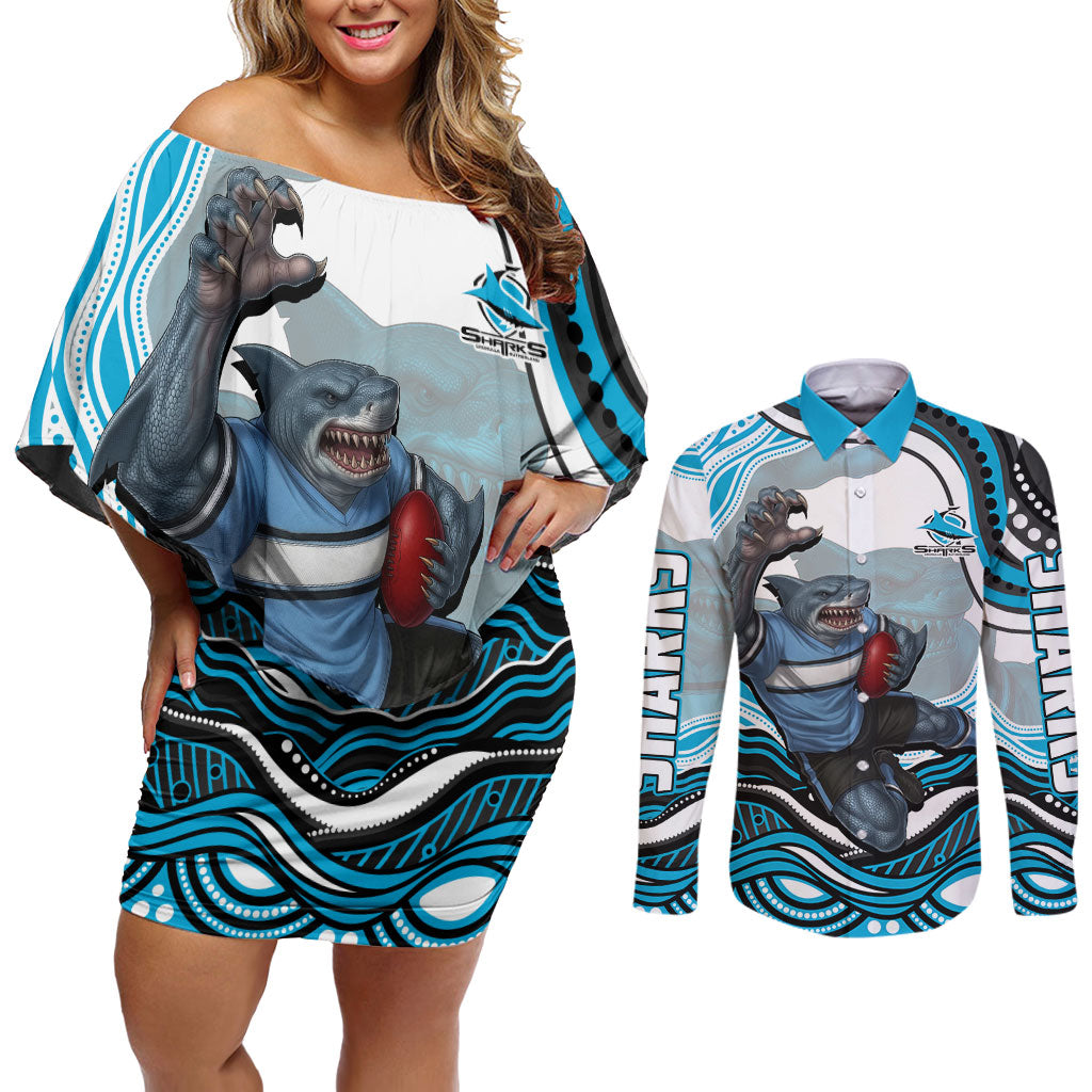 Personalized Cronulla Sutherland Sharks Couples Matching Off Shoulder Short Dress and Long Sleeve Button Shirt Aboriginal Dot Art - Dreamtime Rugby Mascot