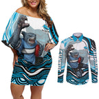 Personalized Cronulla Sutherland Sharks Couples Matching Off Shoulder Short Dress and Long Sleeve Button Shirt Aboriginal Dot Art - Dreamtime Rugby Mascot