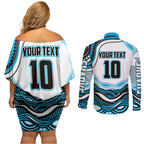 Personalized Cronulla Sutherland Sharks Couples Matching Off Shoulder Short Dress and Long Sleeve Button Shirt Aboriginal Dot Art - Dreamtime Rugby Mascot
