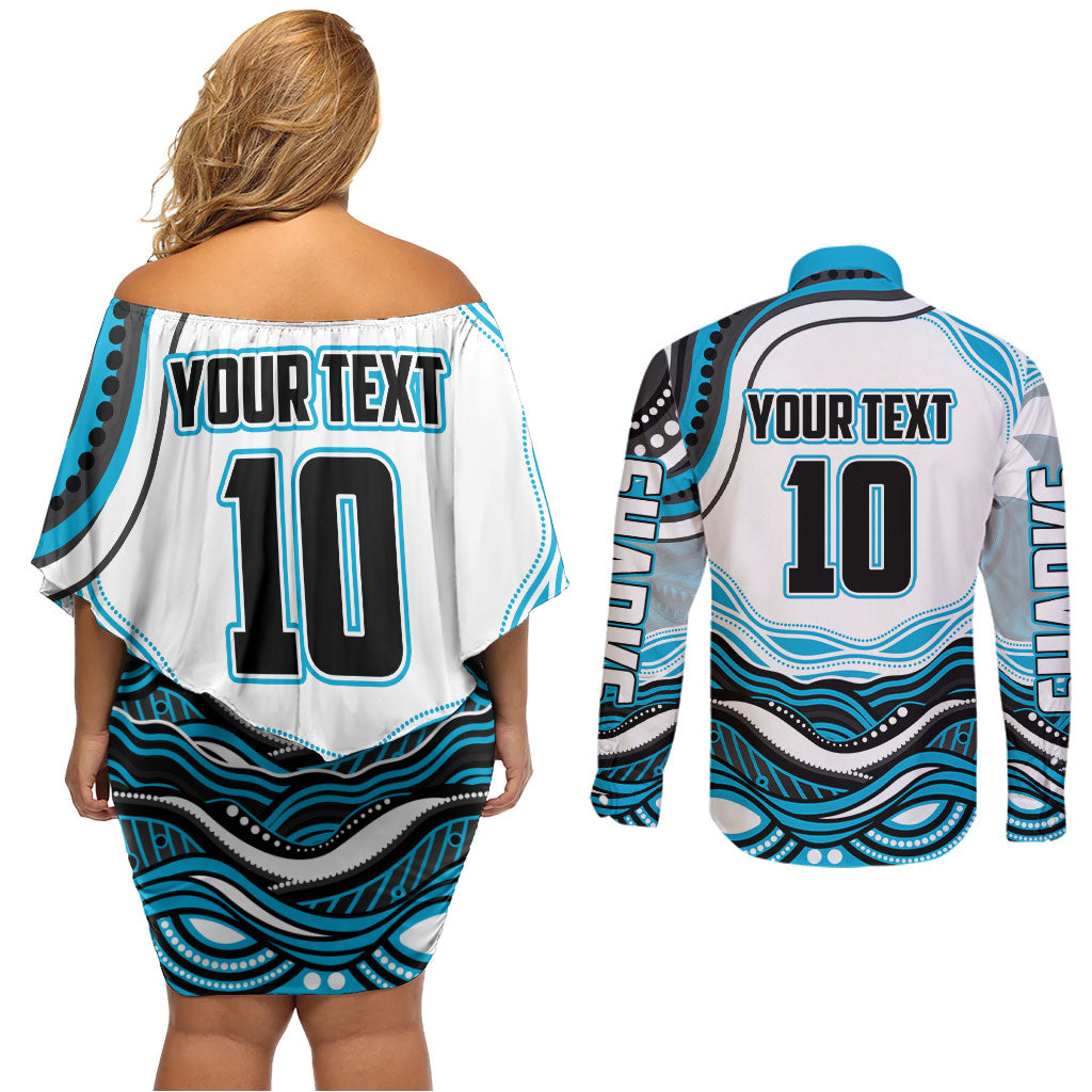 Personalized Cronulla Sutherland Sharks Couples Matching Off Shoulder Short Dress and Long Sleeve Button Shirt Aboriginal Dot Art - Dreamtime Rugby Mascot