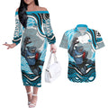 Personalized Cronulla Sutherland Sharks Couples Matching Off The Shoulder Long Sleeve Dress and Hawaiian Shirt Aboriginal Dot Art - Dreamtime Rugby Mascot