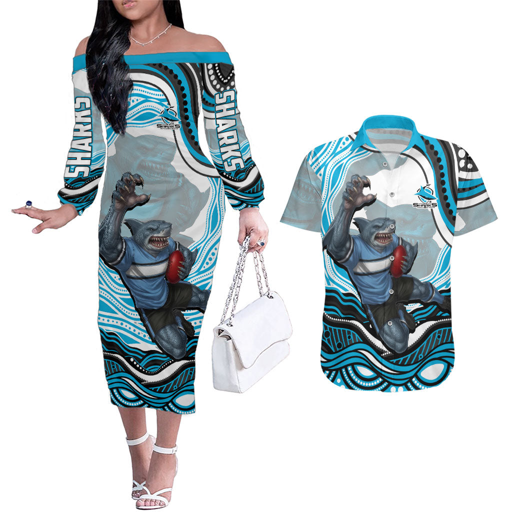 Personalized Cronulla Sutherland Sharks Couples Matching Off The Shoulder Long Sleeve Dress and Hawaiian Shirt Aboriginal Dot Art - Dreamtime Rugby Mascot