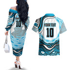 Personalized Cronulla Sutherland Sharks Couples Matching Off The Shoulder Long Sleeve Dress and Hawaiian Shirt Aboriginal Dot Art - Dreamtime Rugby Mascot