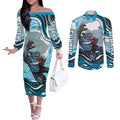 Personalized Cronulla Sutherland Sharks Couples Matching Off The Shoulder Long Sleeve Dress and Long Sleeve Button Shirt Aboriginal Dot Art - Dreamtime Rugby Mascot