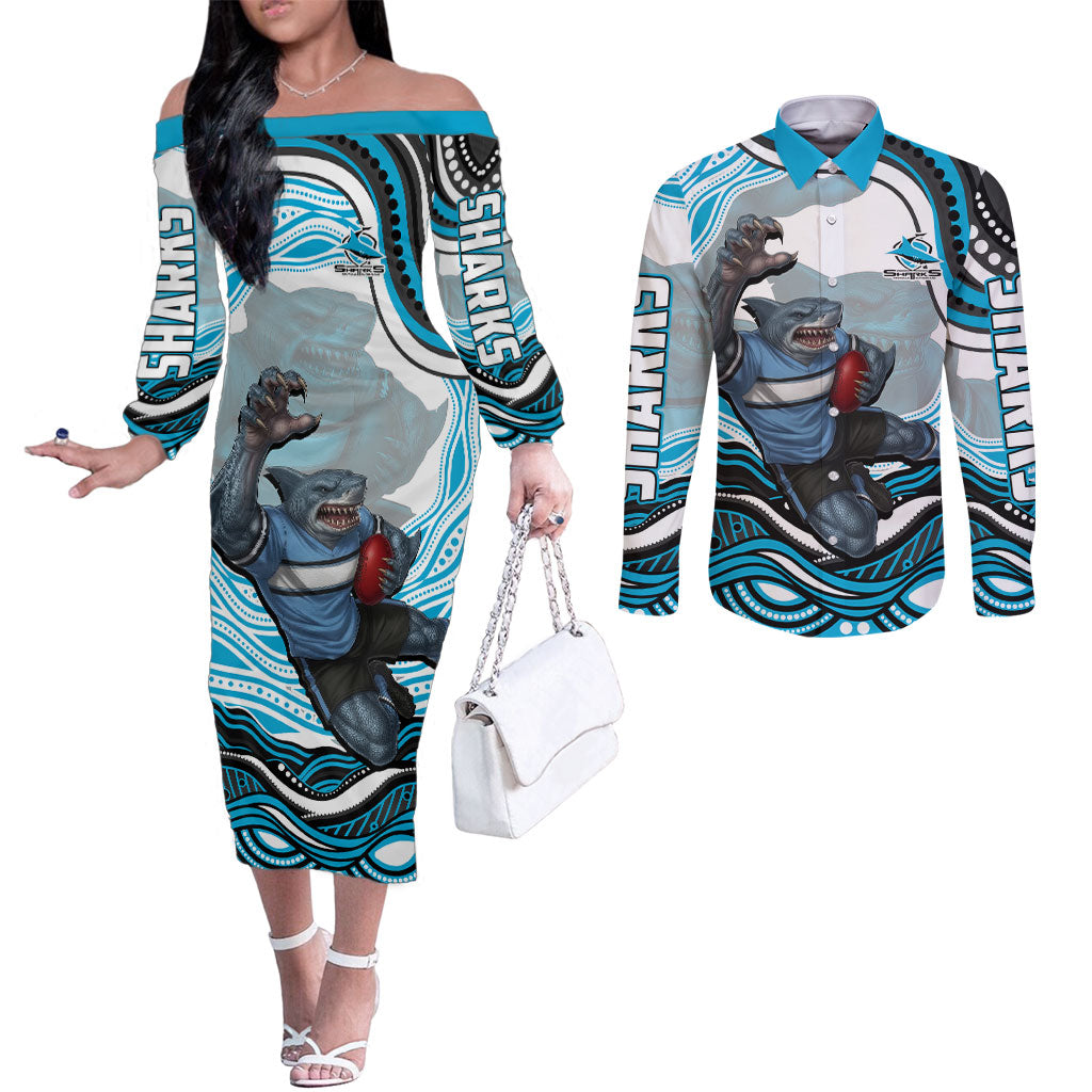 Personalized Cronulla Sutherland Sharks Couples Matching Off The Shoulder Long Sleeve Dress and Long Sleeve Button Shirt Aboriginal Dot Art - Dreamtime Rugby Mascot