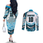 Personalized Cronulla Sutherland Sharks Couples Matching Off The Shoulder Long Sleeve Dress and Long Sleeve Button Shirt Aboriginal Dot Art - Dreamtime Rugby Mascot